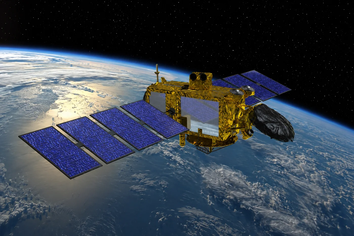 A NASA climate satellite with solar panels extended, orbiting above Earth