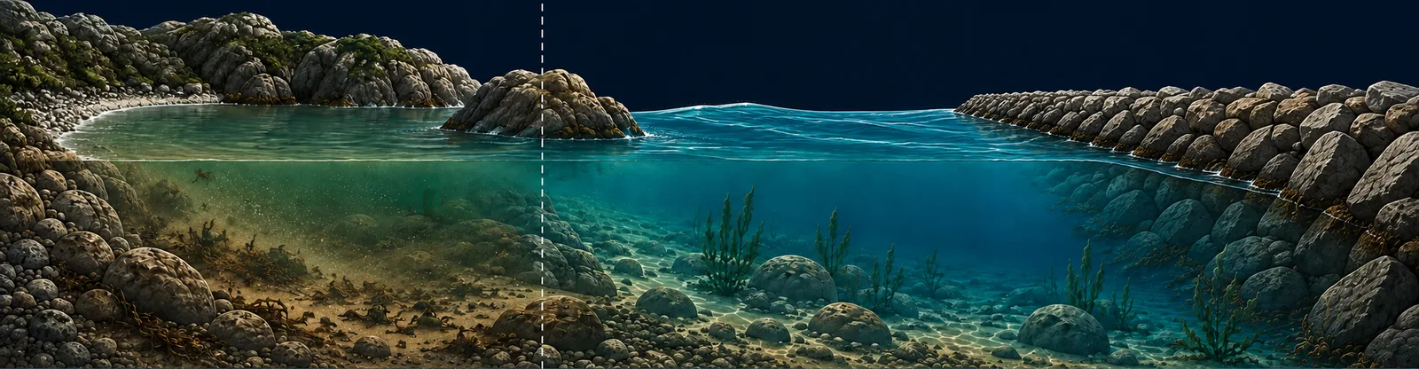 Cross-section from the sand out to open water, split into 2 visibility zones: Inside the Cove (Between the cove walls), Channel (Past the mouth of the cove).