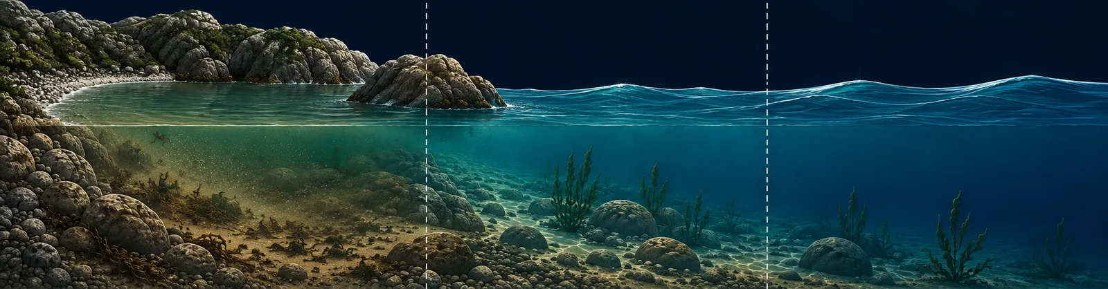 Cross-section from the sand out to open water, split into 3 visibility zones: Inside the Cove (Between the cove walls), Outside the Cove (Past the mouth of the cove), Open Water (200+ ft from shore).