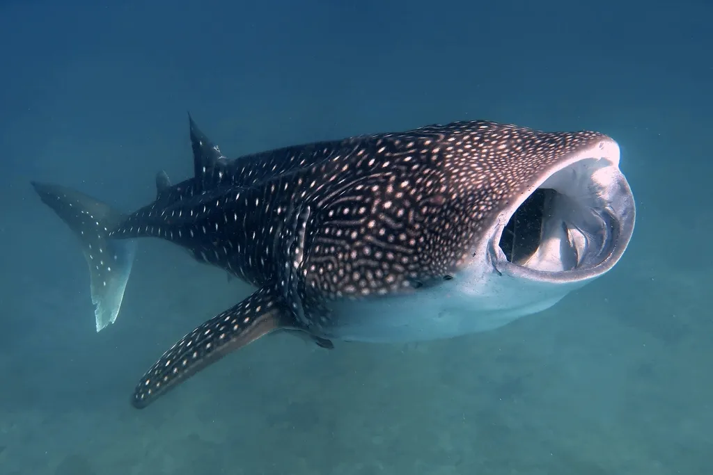 A whale shark with its mouth wide open