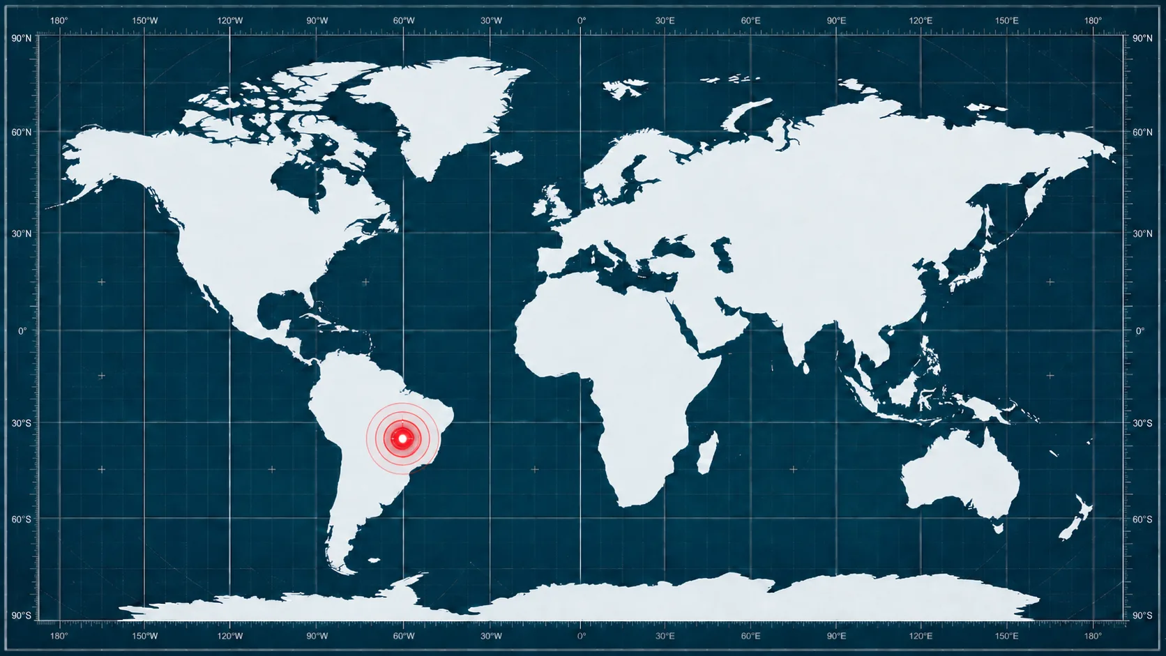 World map with a sonar-ping locator marking Brazil