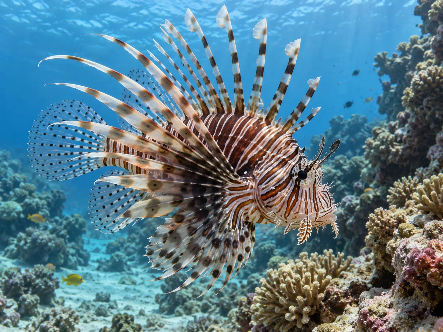 A lionfish hovers over a coral reef with its striped, venomous spines fanned out.