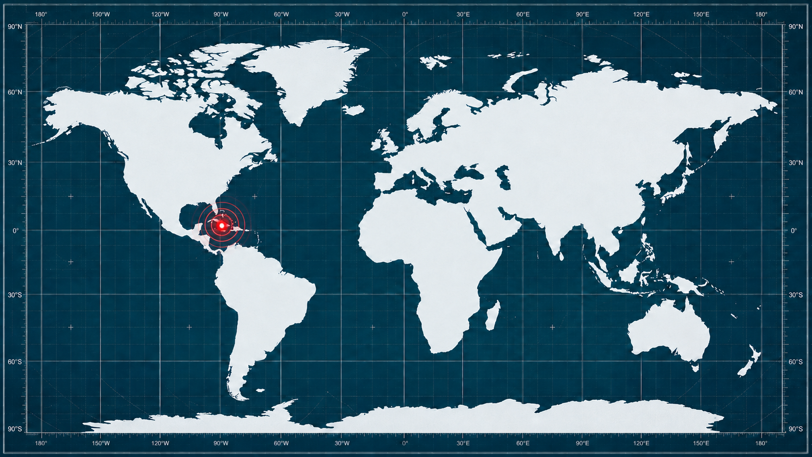 World map with a sonar-ping locator marking the Florida Keys and Caribbean
