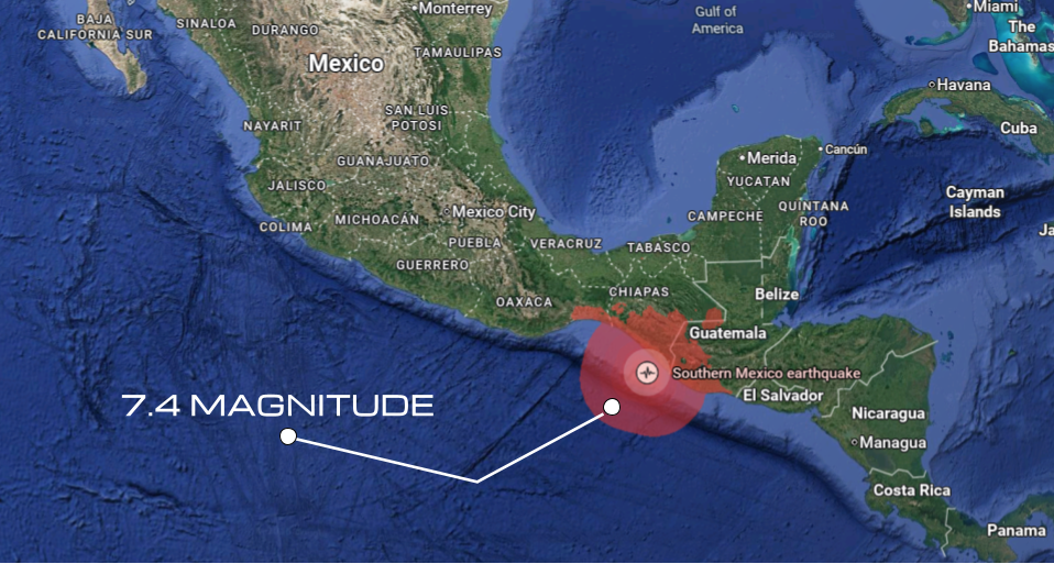 Map of southern Mexico and Guatemala showing the 7.4-magnitude earthquake epicenter off the coast of Chiapas