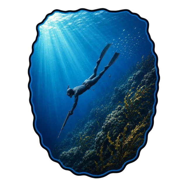 Spearfisherman diving down along a kelp-covered reef