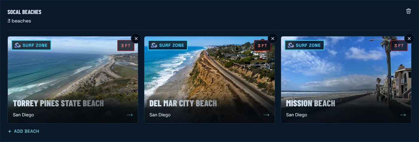A watchlist of Southern California beaches with live visibility on each card