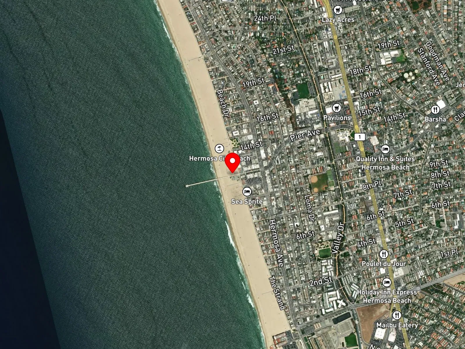 Map of Hermosa Beach showing the pier, Pier Avenue, and the Strand