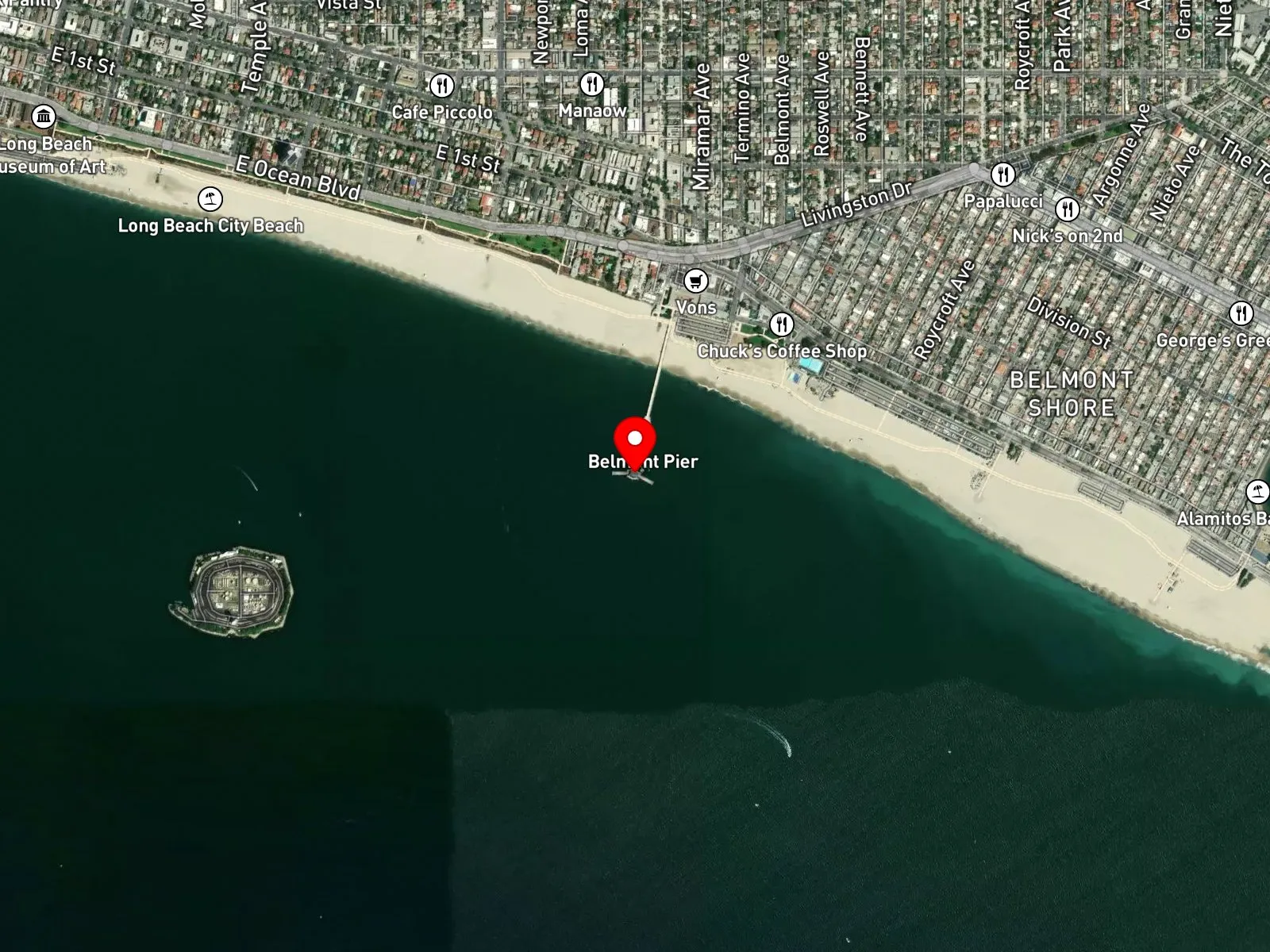 Map of Long Beach showing Belmont Pier, the federal breakwater, and Belmont Shore