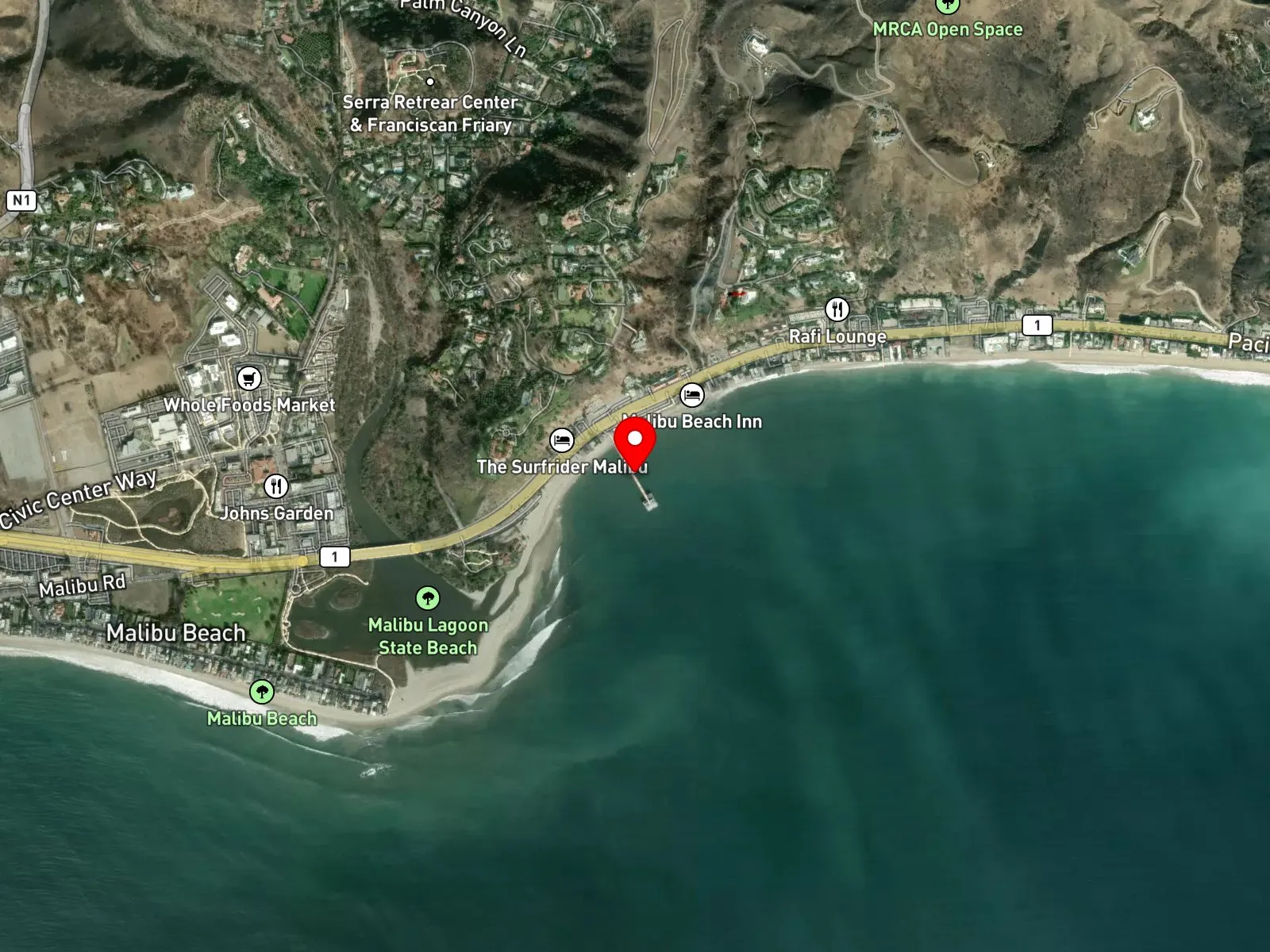 Map of Malibu Lagoon State Beach showing the lagoon, Surfrider Beach, and Malibu Pier