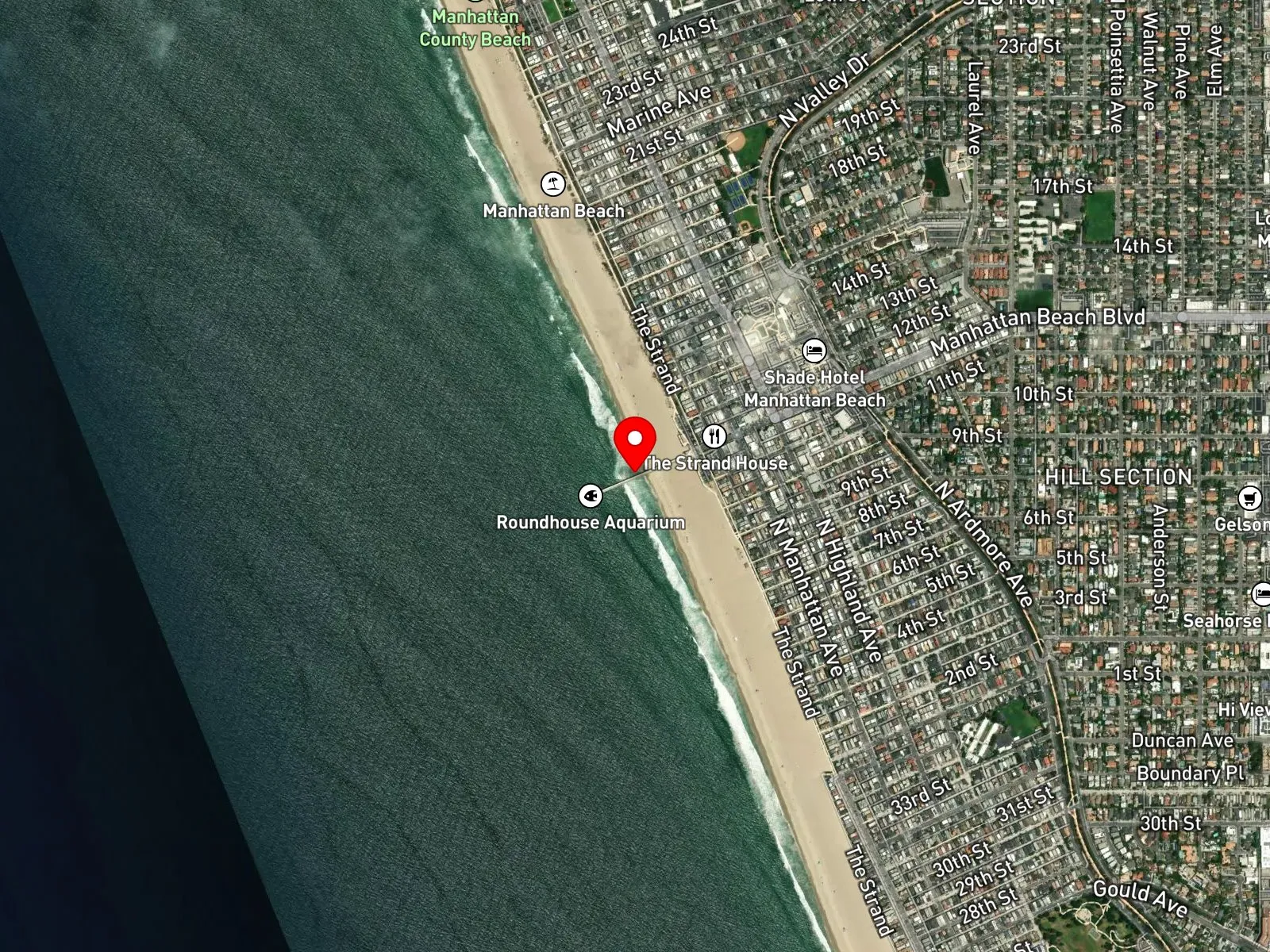 Map of Manhattan Beach showing the pier, the Strand, and El Porto at the north end