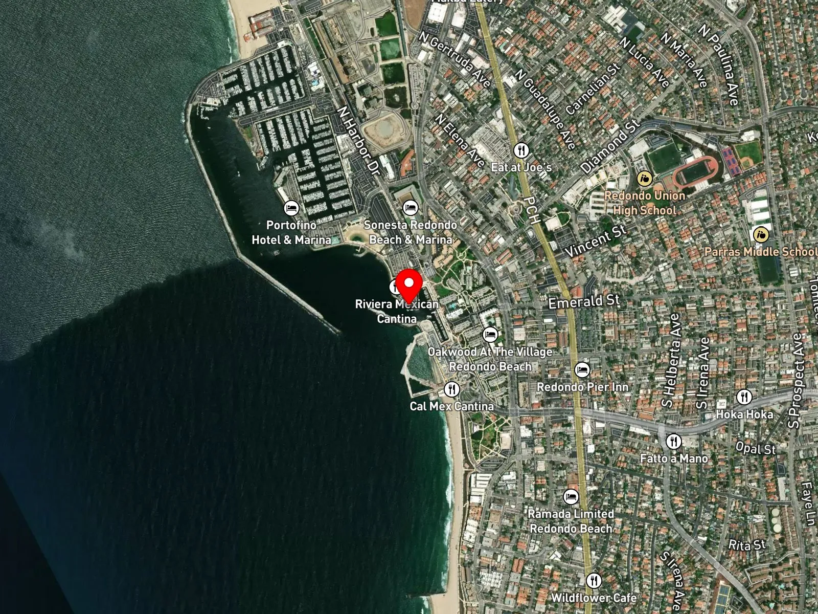 Map of Redondo Beach showing Veterans Park, the pier, and King Harbor