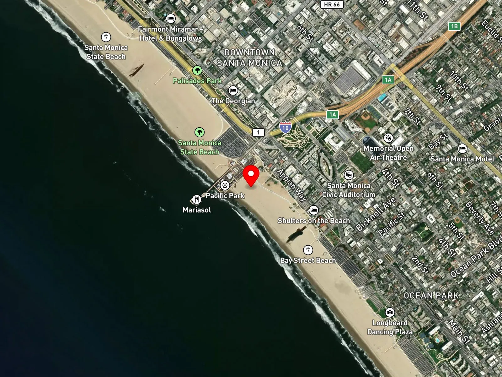 Map of Santa Monica Beach showing the pier, Colorado Avenue, and Ocean Avenue