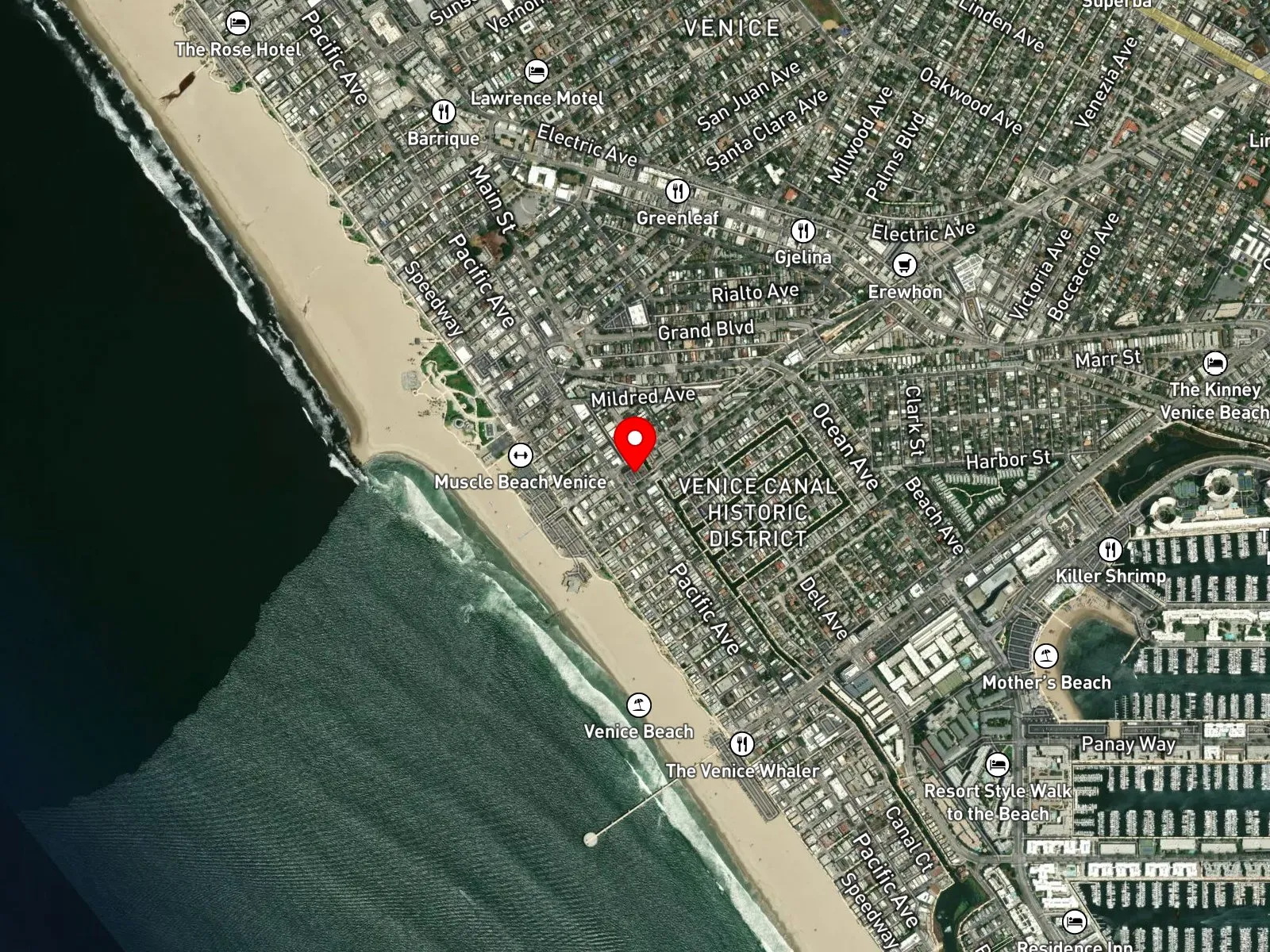 Map of Venice Beach showing Ocean Front Walk, the Skate Park, and the Venice Fishing Pier