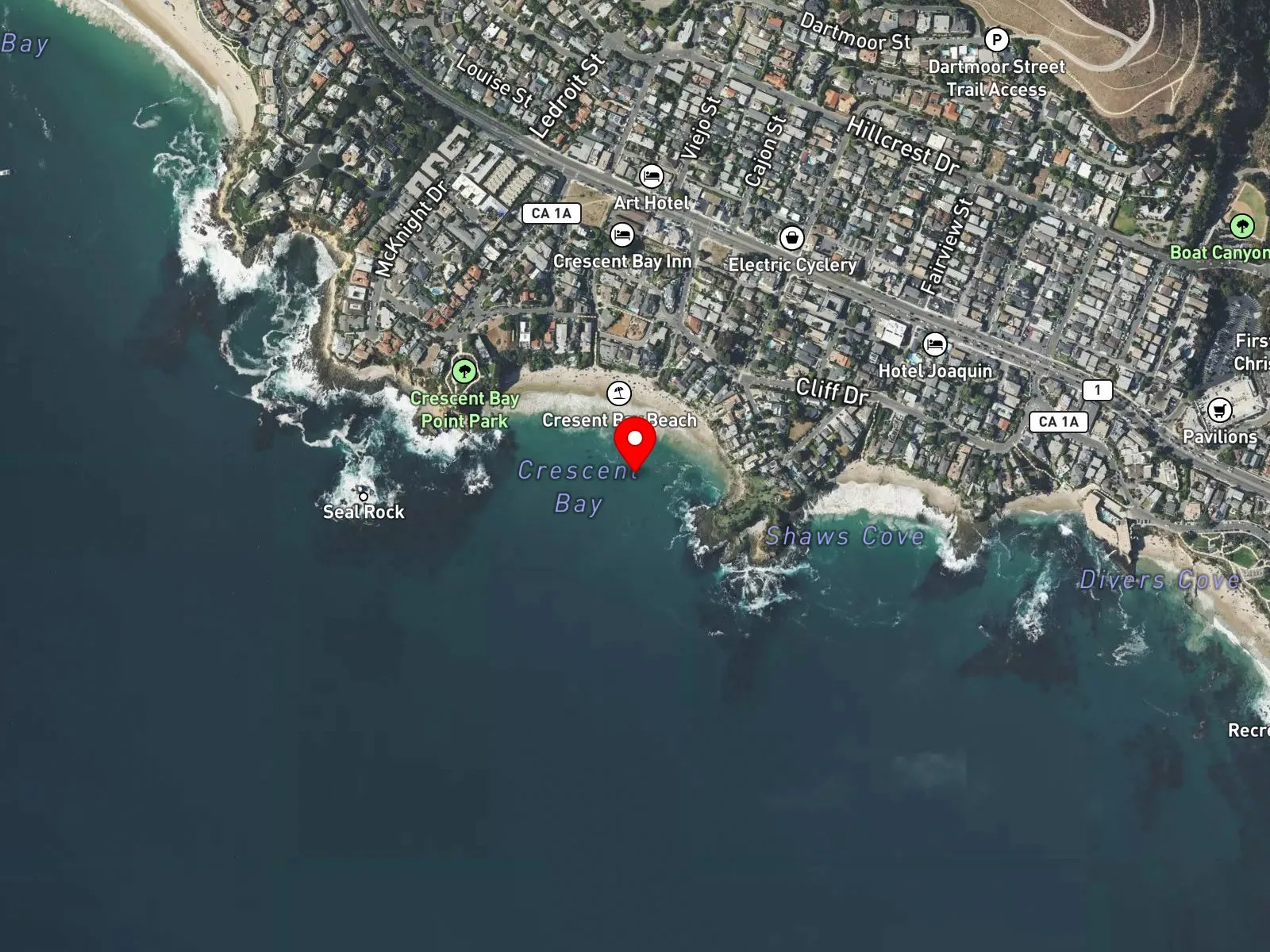 Map of Crescent Bay in north Laguna Beach, with Seal Rock offshore to the west and Shaw's Cove to the east
