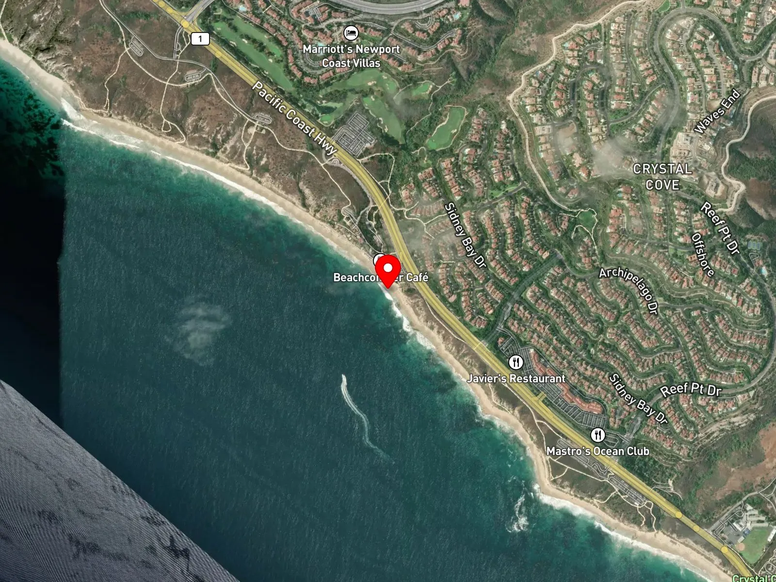 Map of Crystal Cove State Park showing Pelican Point, Los Trancos, Reef Point, and Moro Beach
