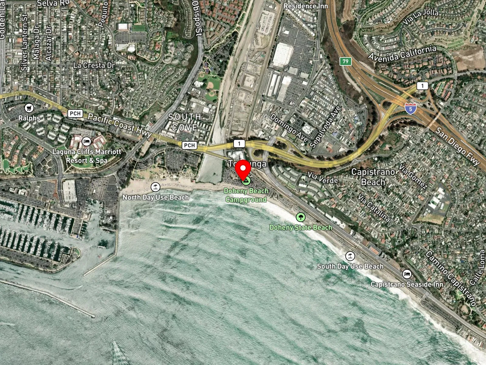 Map of Doheny State Beach showing San Juan Creek, the harbor breakwater, and the campground