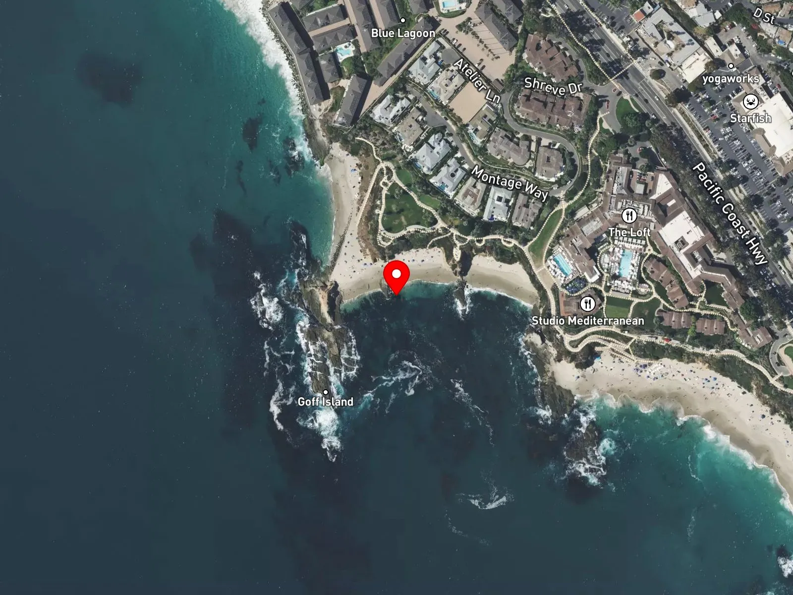 Map of Goff Cove beside Goff Island, with the Montage resort above