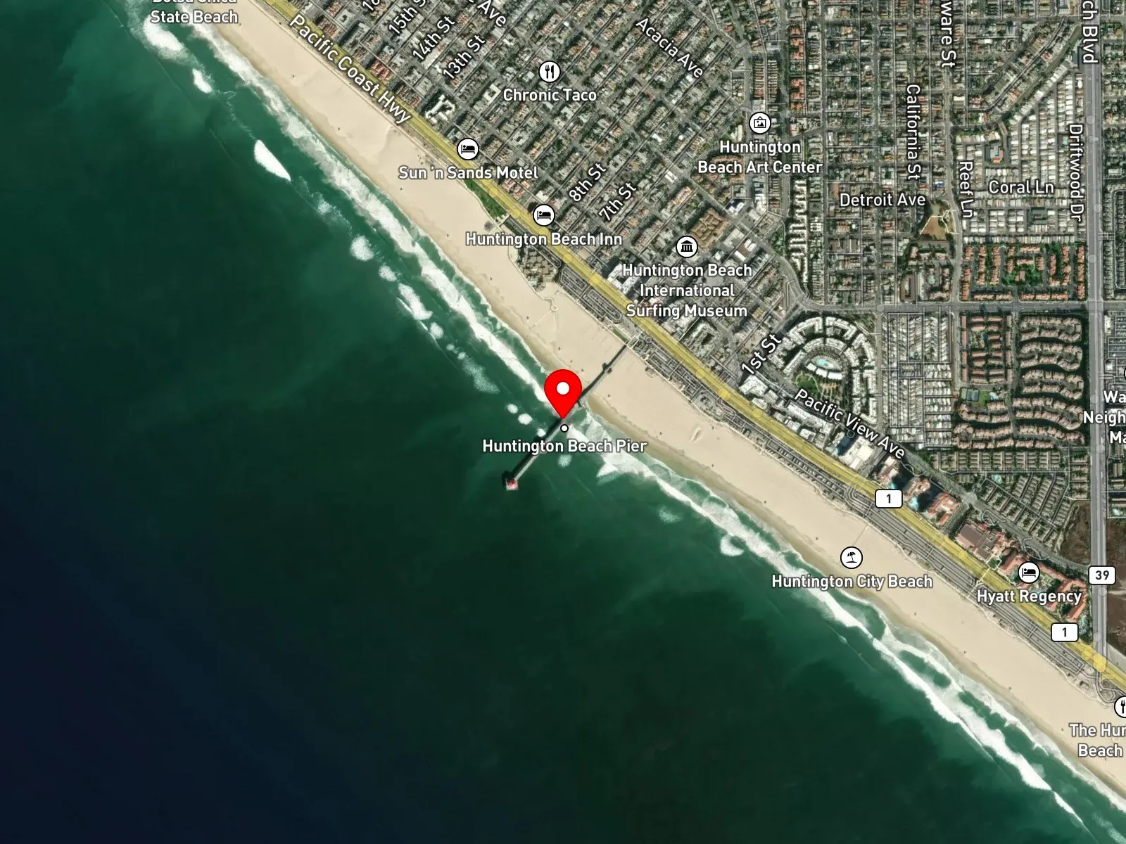 Map of Huntington Beach showing the pier, Main Street, and Pacific Coast Highway