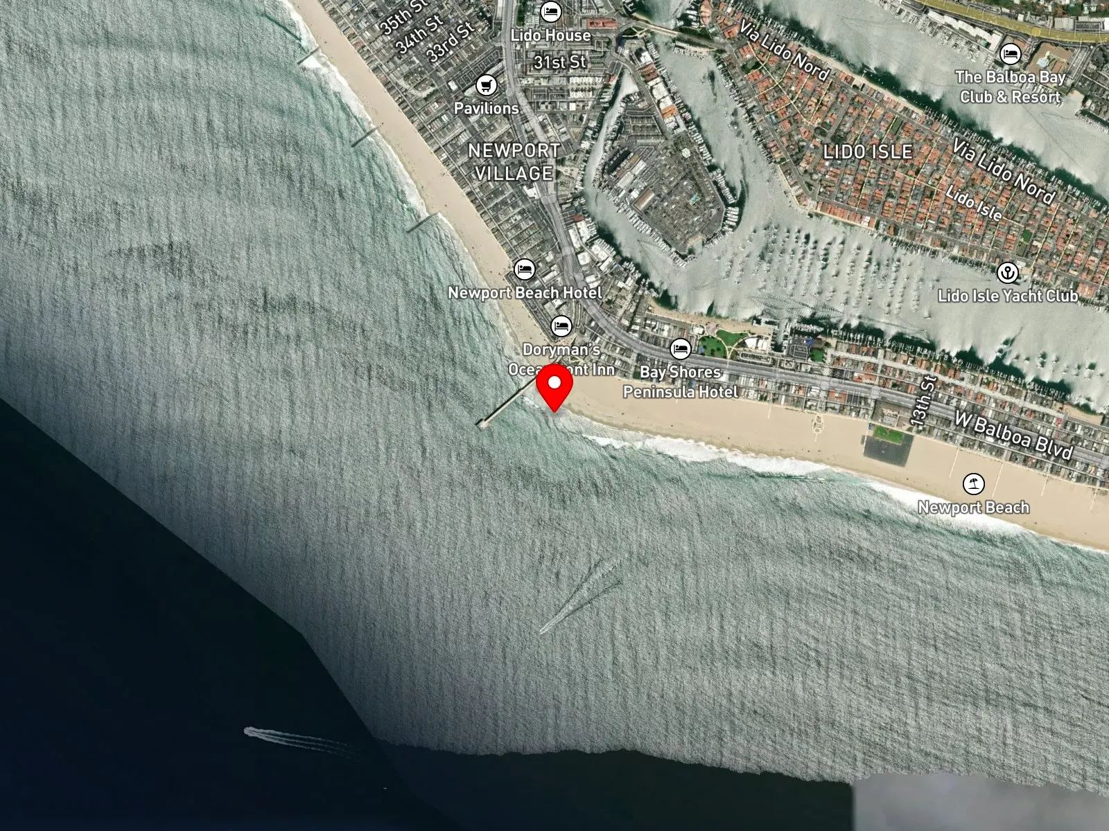 Map of Newport Beach showing Newport Pier, Balboa Pier, and the Balboa Peninsula