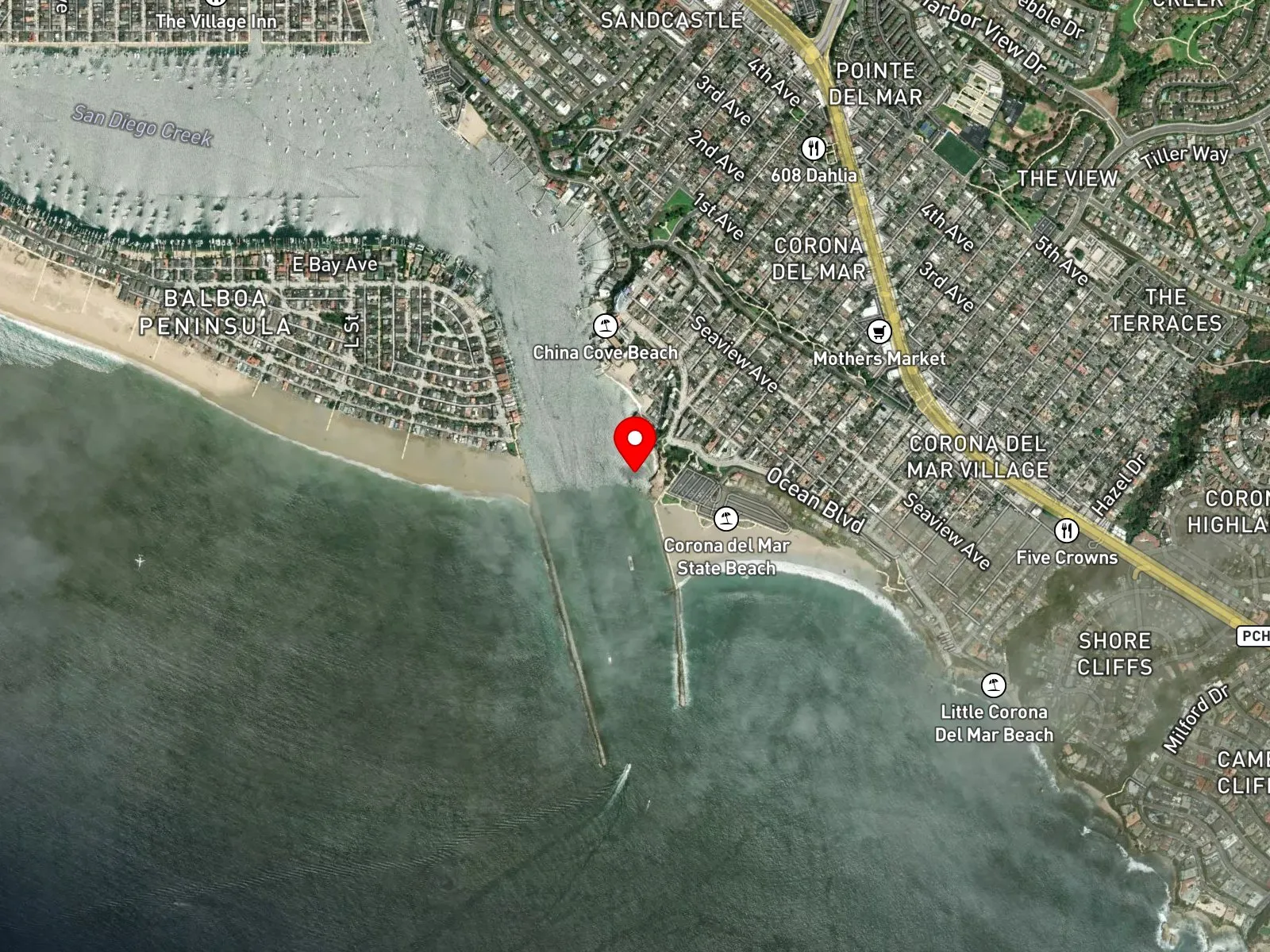 Map of Pirate's Cove showing Lookout Point Park and the east jetty of Newport Harbor