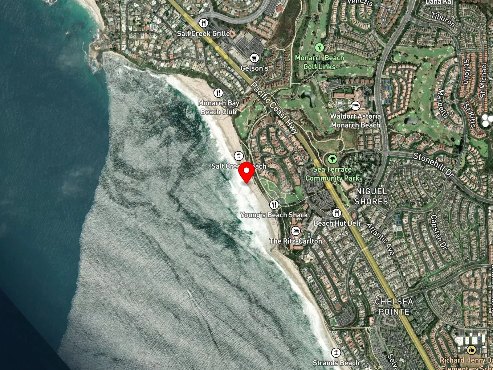 Map of Salt Creek Beach Park showing the Ritz-Carlton Drive lot, the trail down, and the offshore reef