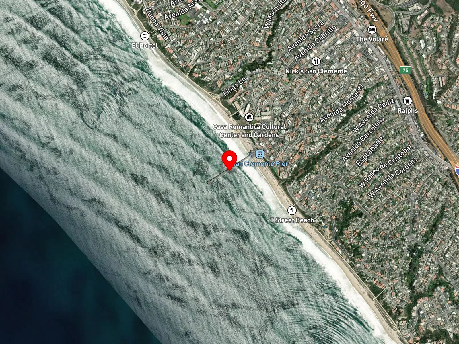 Map of San Clemente Pier City Beach showing Avenida Del Mar, the pier, and Linda Lane and T-Street