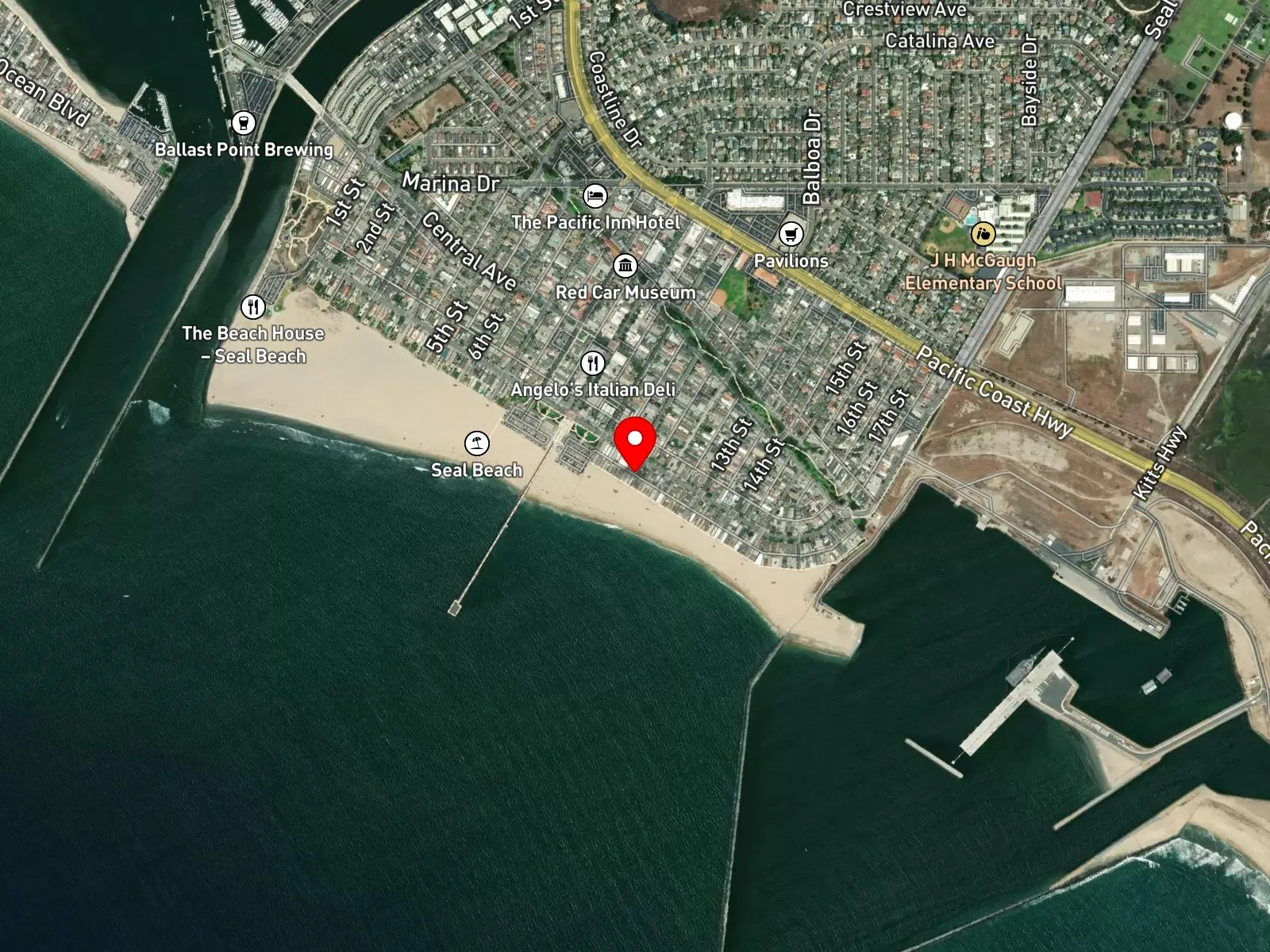 Map of Seal Beach showing the pier, Main Street, and the San Gabriel River mouth