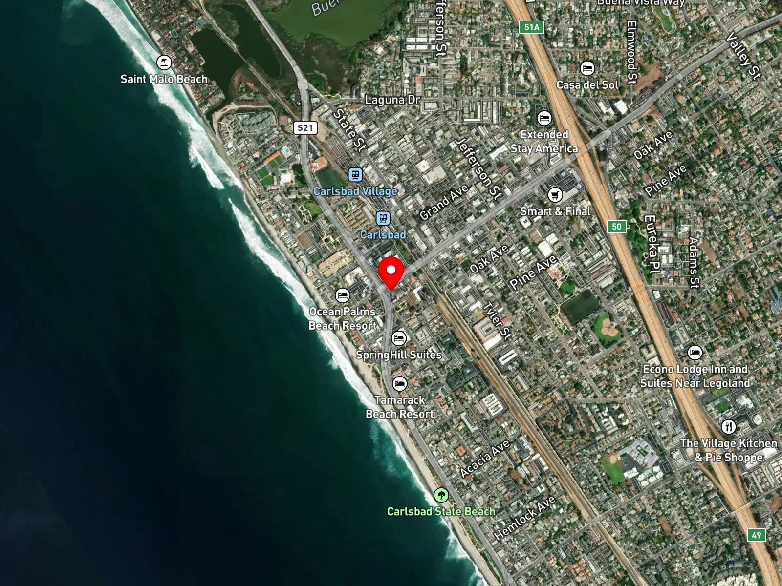 Map of Carlsbad State Beach showing Tamarack Avenue, Carlsbad Village Drive, and Carlsbad Boulevard