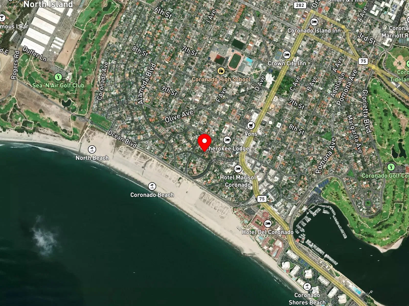 Map of Coronado Central Beach showing Ocean Boulevard and Hotel del Coronado