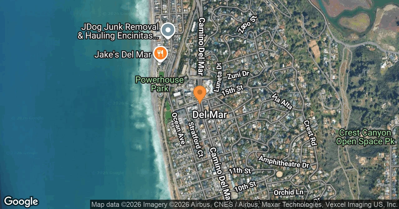 Map of Del Mar City Beach showing Coast Boulevard and the San Dieguito River mouth