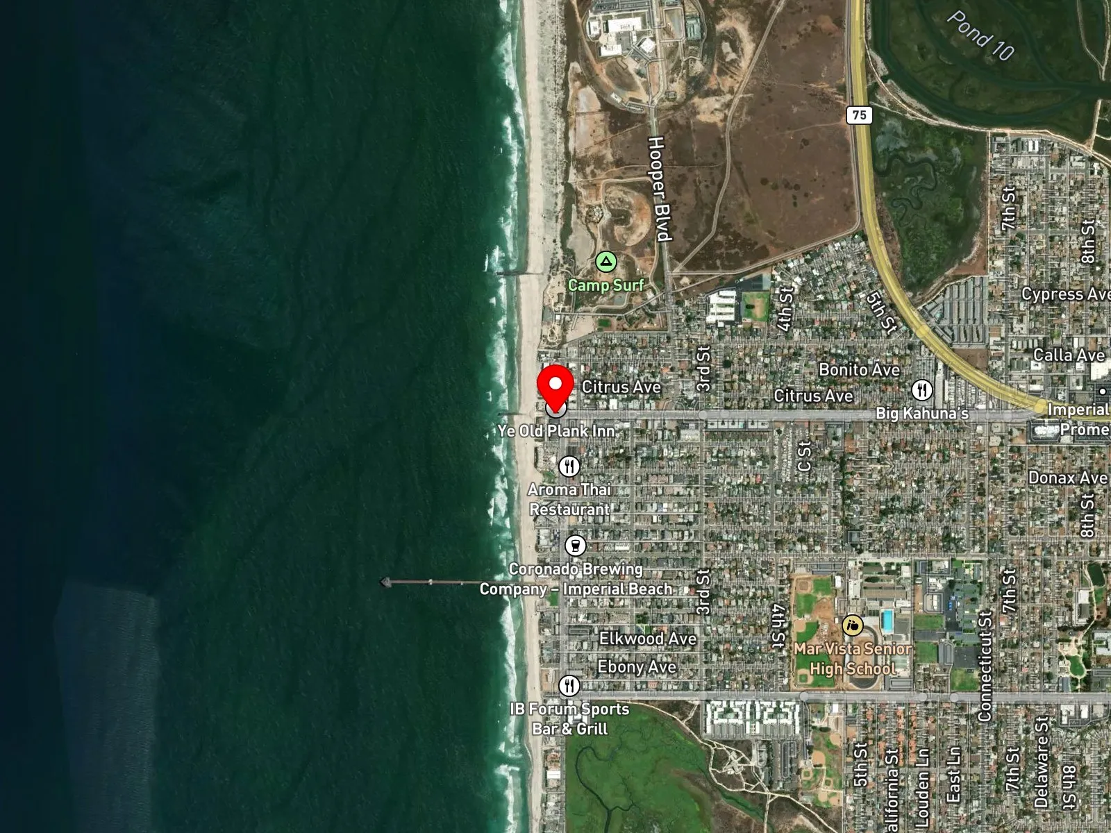Map of Imperial Beach showing Seacoast Drive, the pier, and the Tijuana River mouth