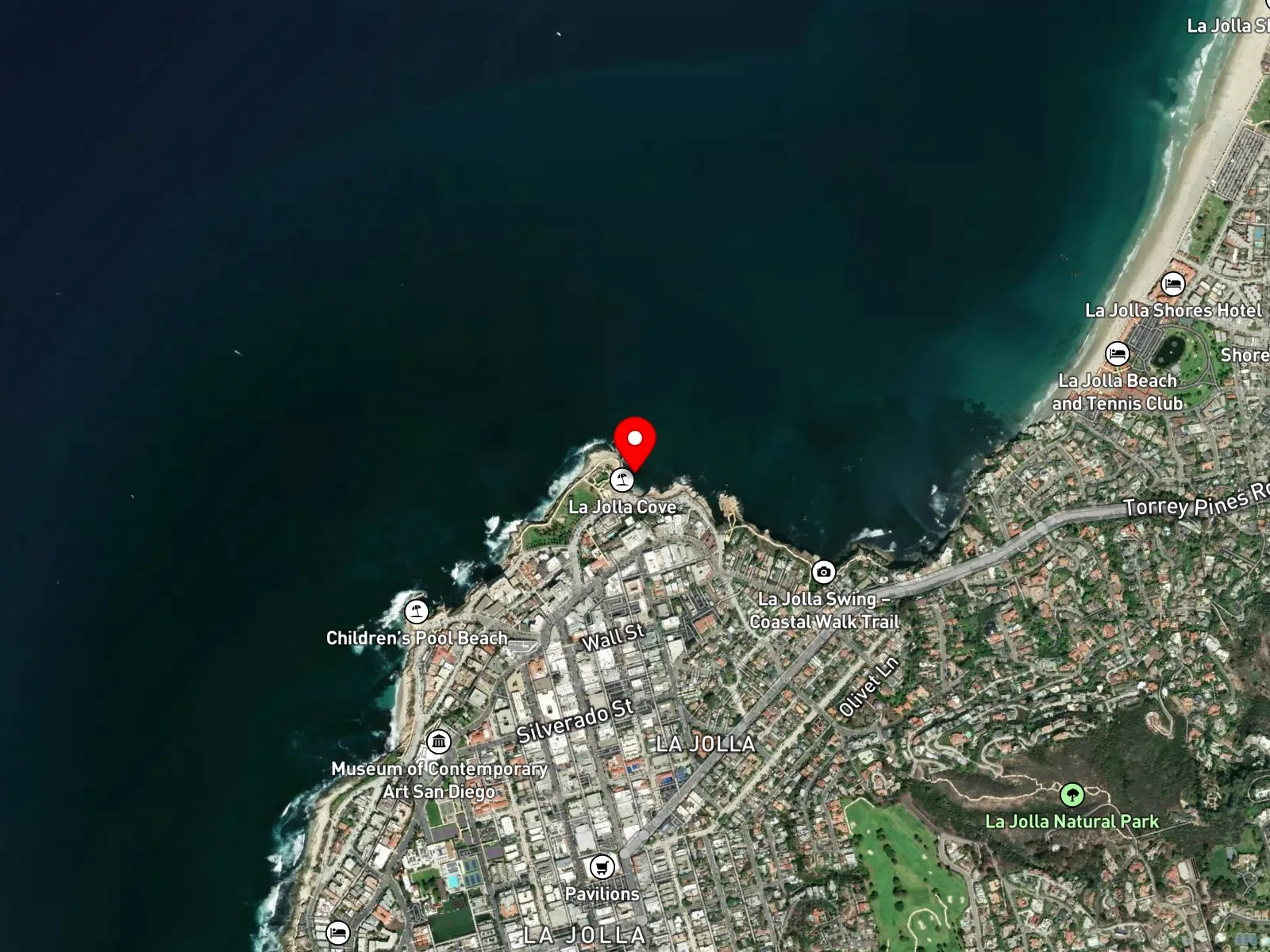 Map of La Jolla Cove showing Coast Boulevard, Scripps Park, and the Matlahuayl reserve