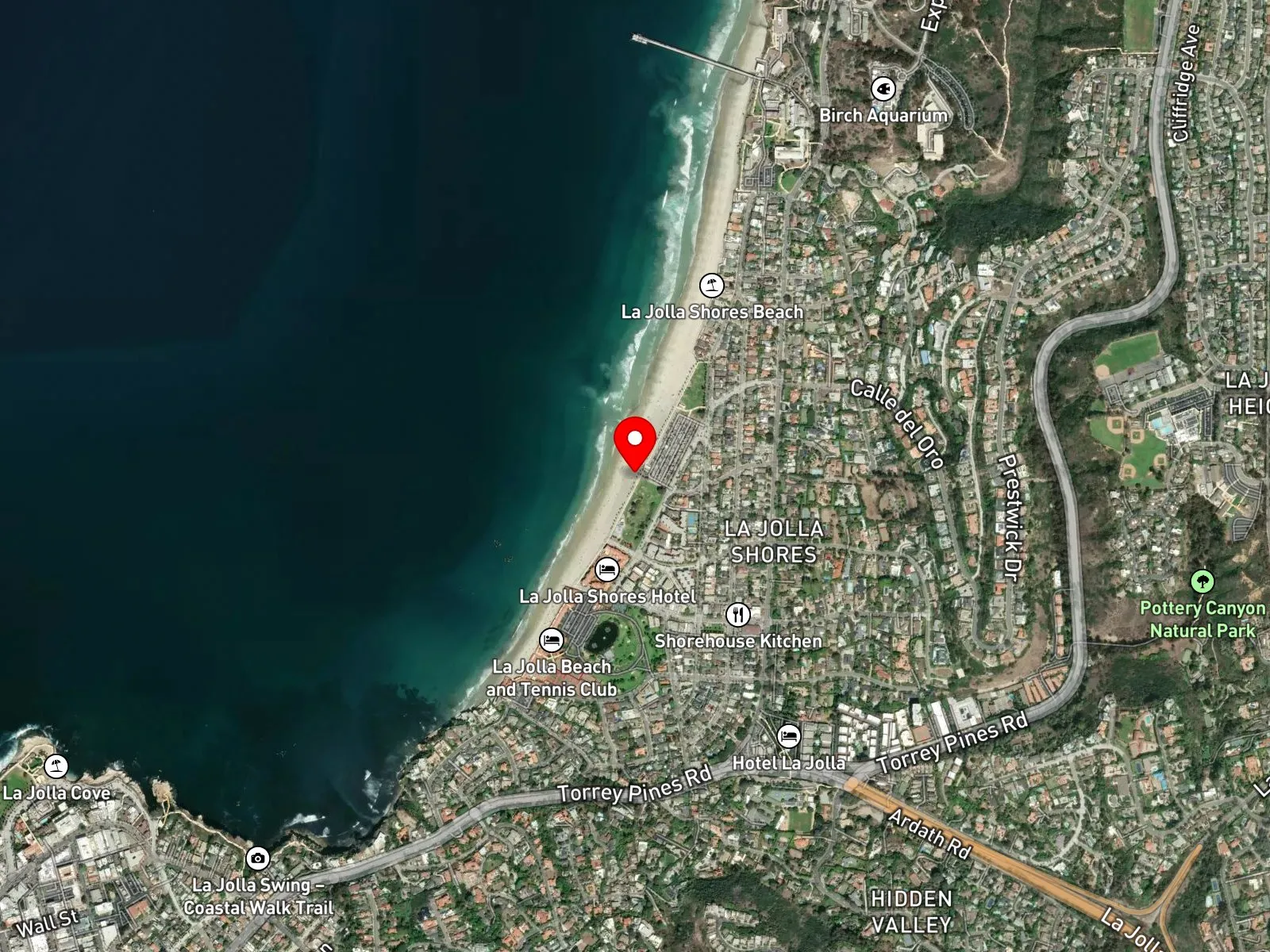 Map of La Jolla Shores showing Kellogg Park, Camino del Oro, and Scripps Pier