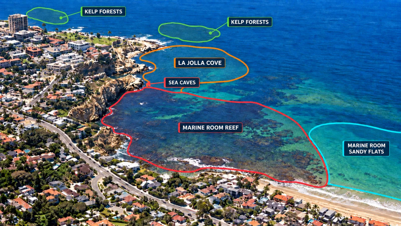 Labeled aerial map of the Marine Room area. A red outline marks the Marine Room Reef off the rocky shore below the bluffs, a blue outline marks the Marine Room Sandy Flats off the sand beach, and farther along the bluffs labels point out the Sea Caves, La Jolla Cove, and 2 kelp forests offshore.