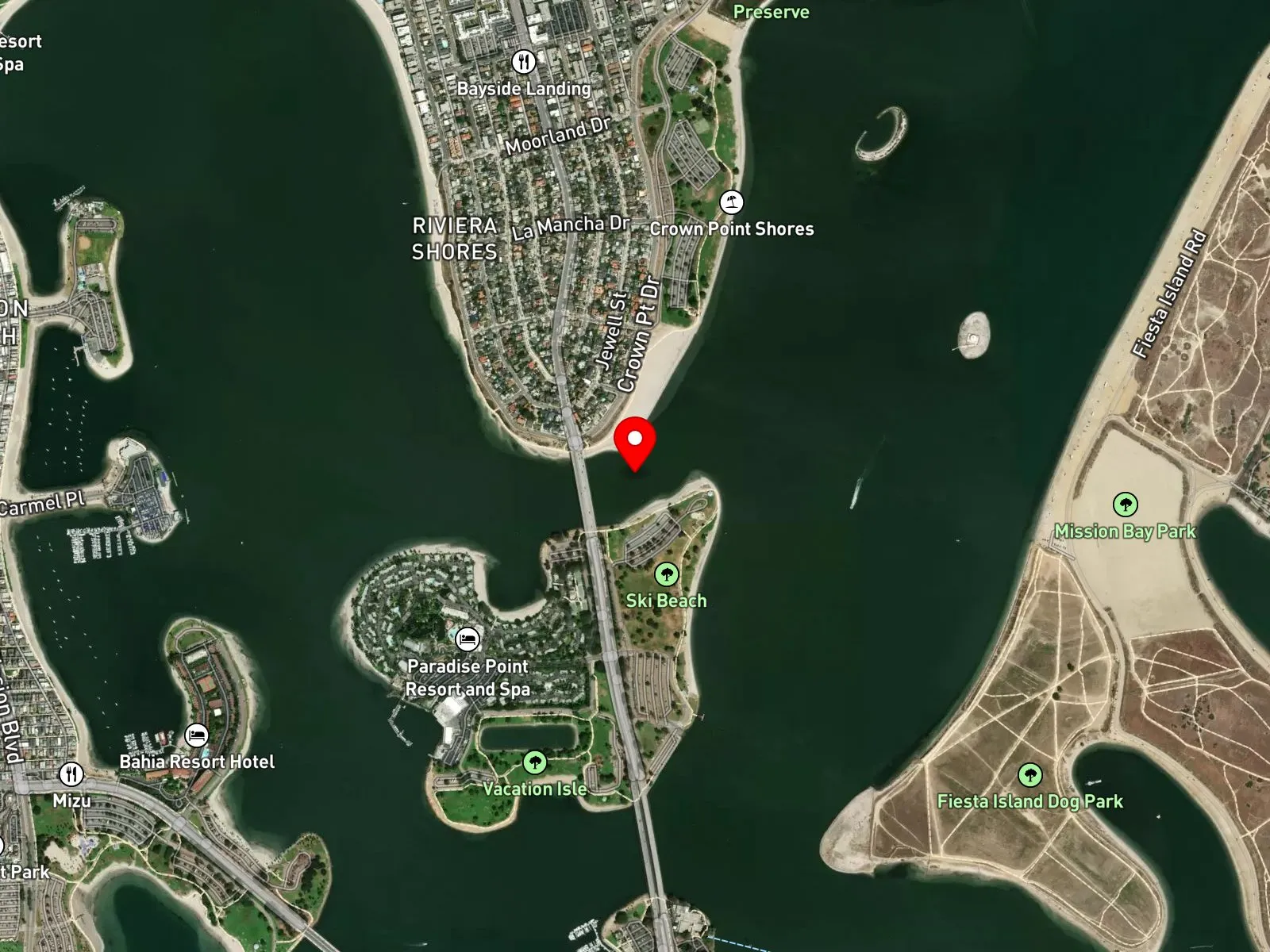 Map of Mission Bay showing Crown Point, Fiesta Island, De Anza Cove, and Vacation Isle