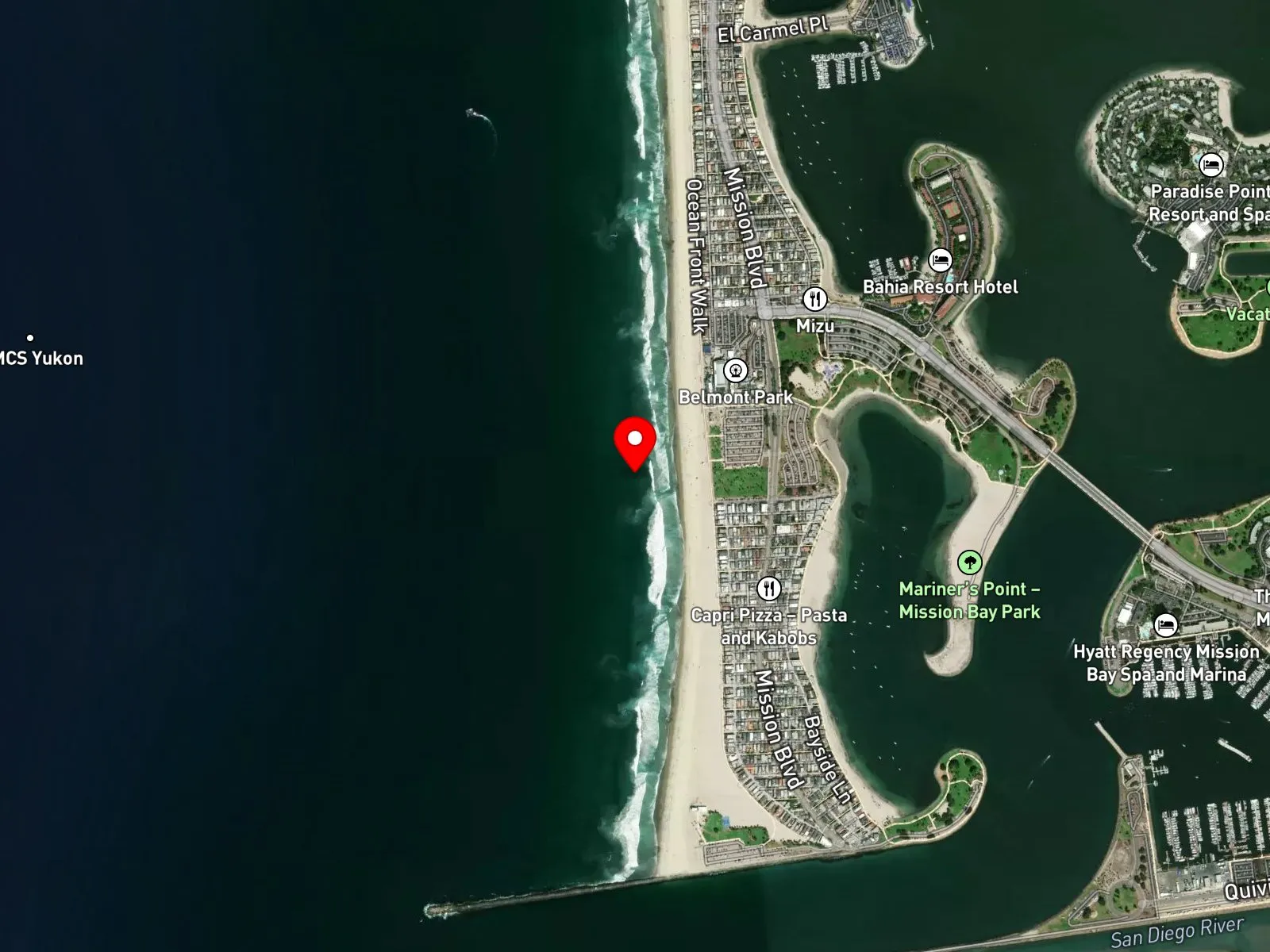 Map of Mission Beach showing the boardwalk, Mission Boulevard, and Belmont Park