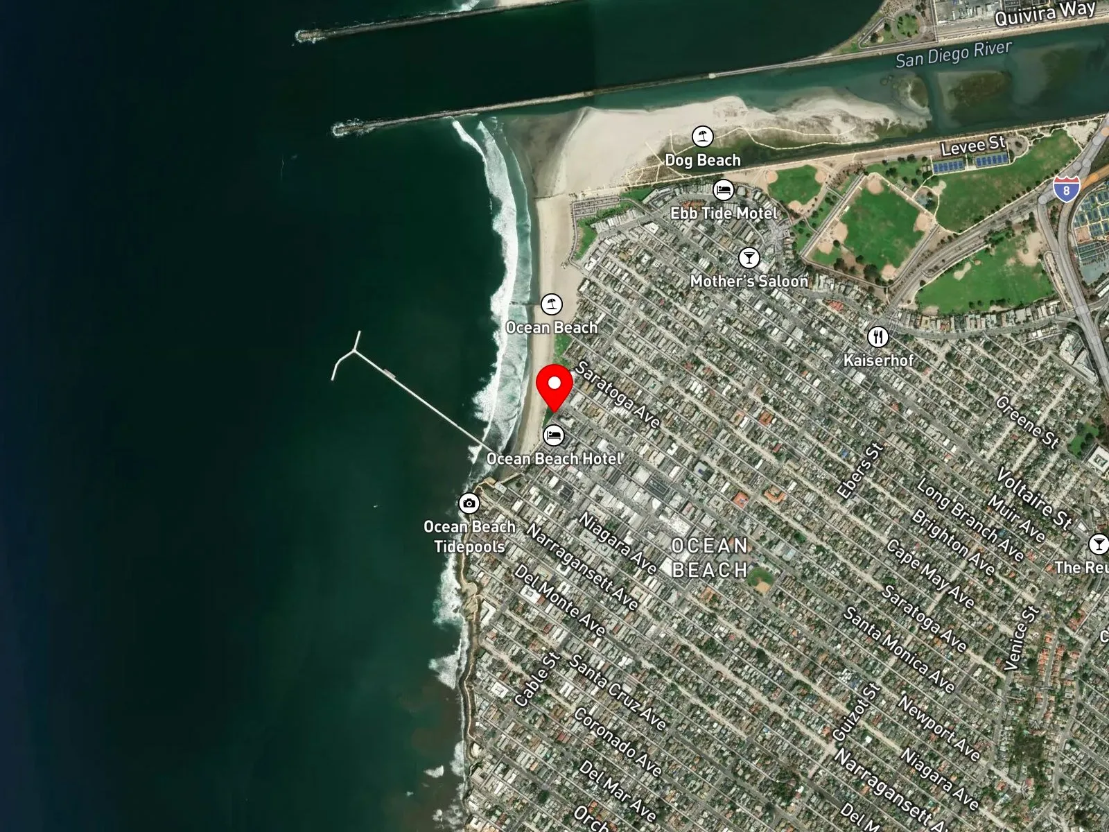 Map of Ocean Beach showing Newport Avenue, the Ocean Beach Pier, and the San Diego River mouth