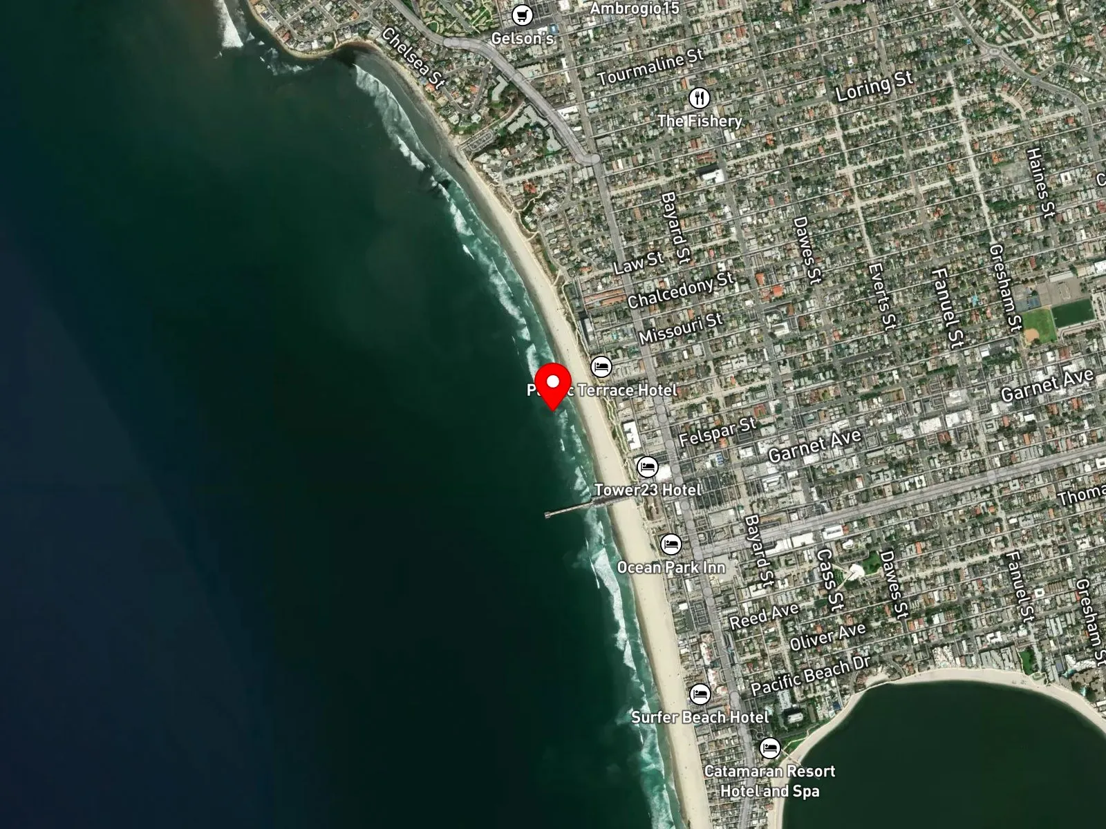 Map of Pacific Beach showing Garnet Avenue, Crystal Pier, and Tourmaline Surf Park