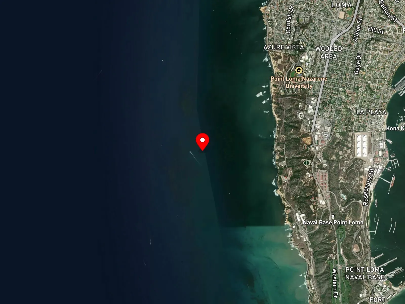 Map of Point Loma offshore kelp showing departure ports at Mission Bay and Shelter Island