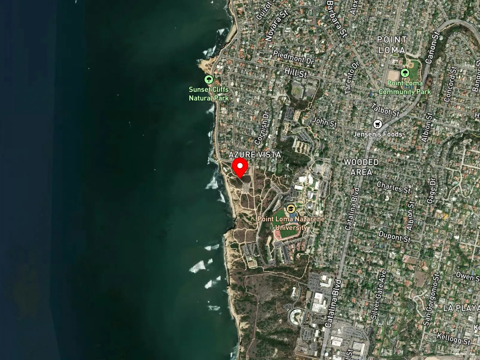 Map of Sunset Cliffs Natural Park showing Ladera Street, Sunset Cliffs Boulevard, and the dirt lots