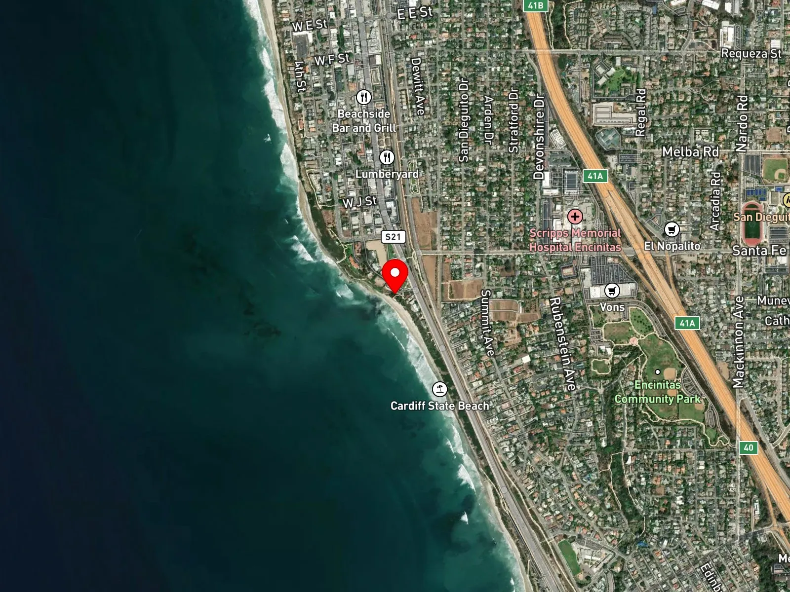 Map of Swami's Beach showing K Street stairway, First Street, and the SMCA boundary