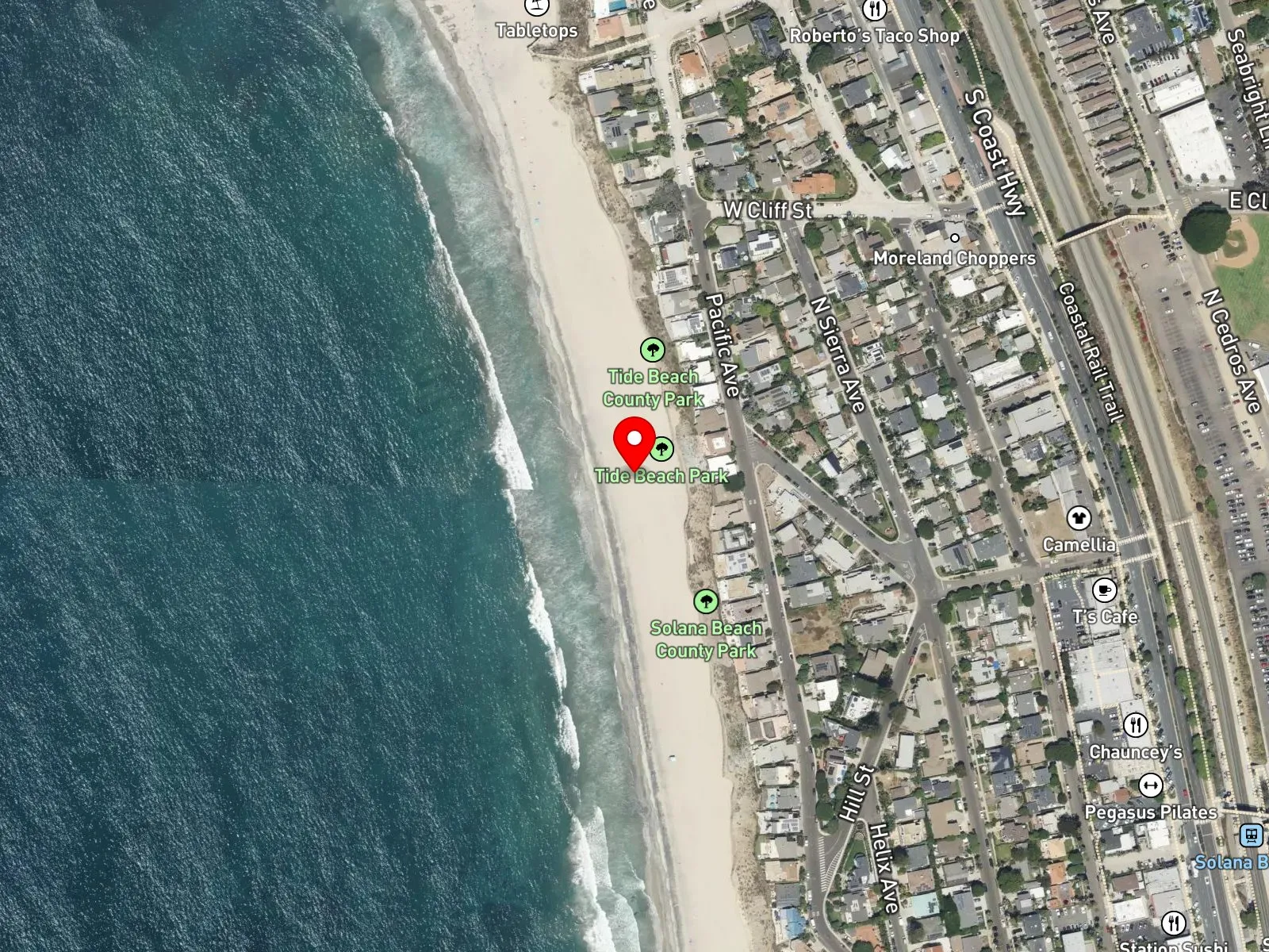 Map of Tide Beach Park and Tabletops Reef at Solana Vista Drive and Pacific Avenue