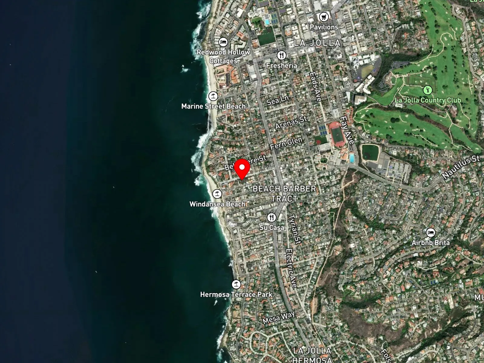 Map of Windansea Beach showing Neptune Place, Bonair Street, and the SMR boundary