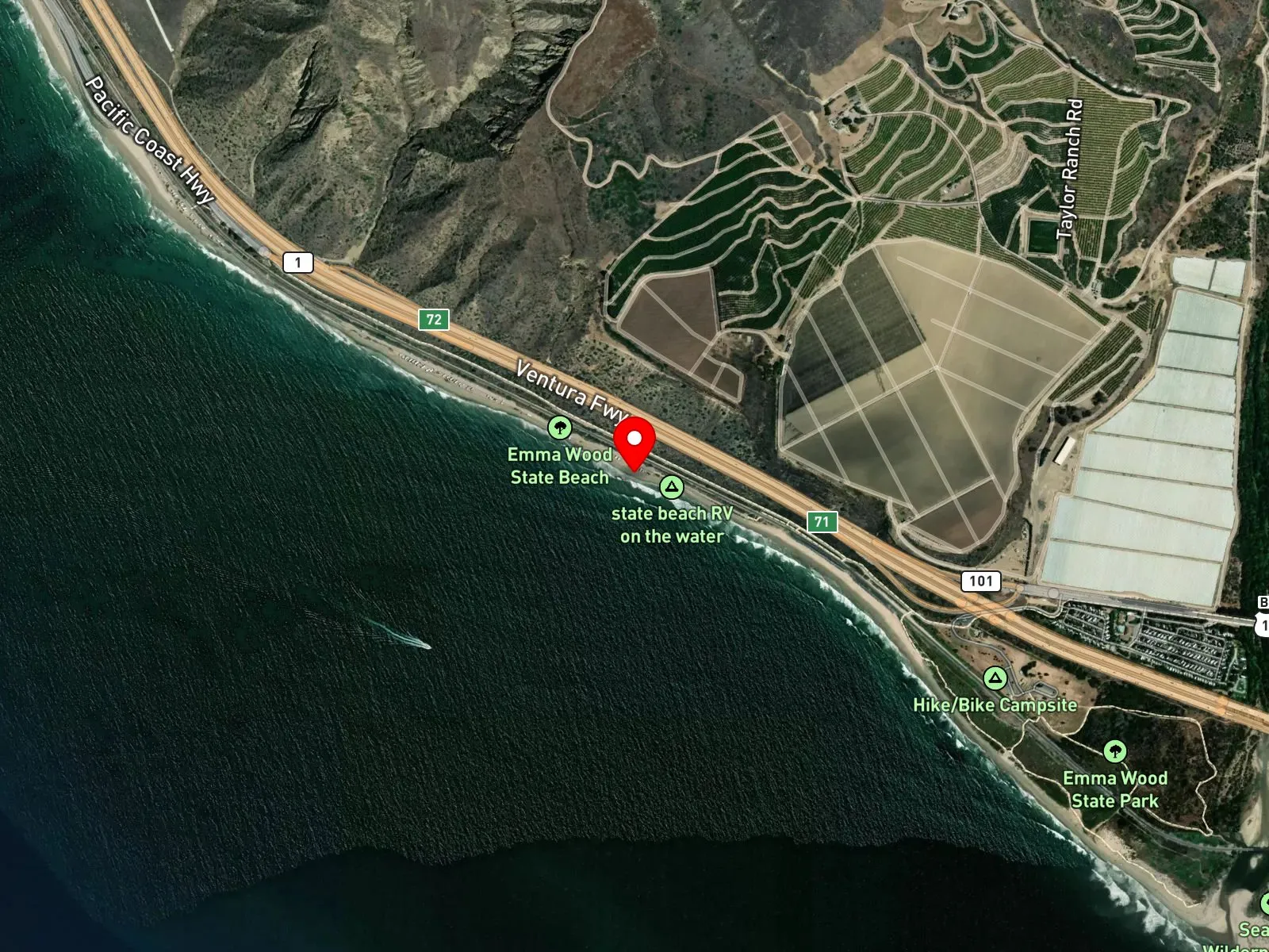 Map of Emma Wood State Beach showing Old PCH, the RV campground, and the Ventura River mouth