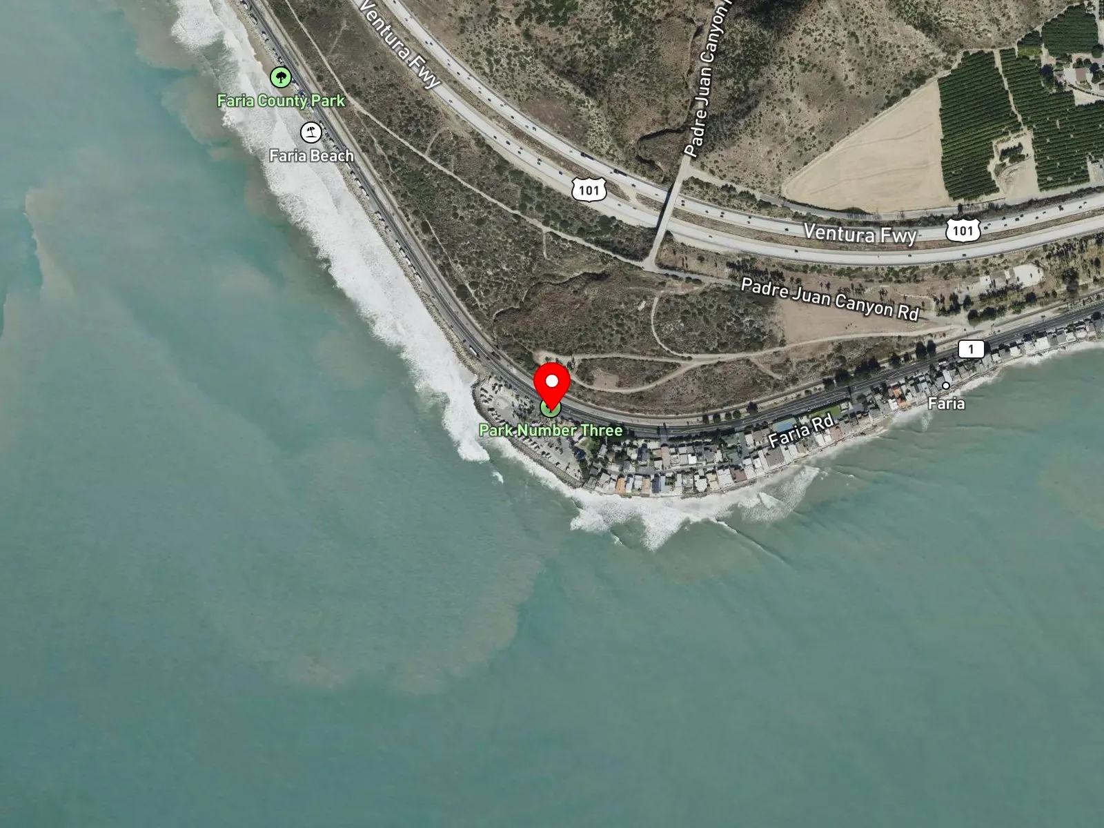 Map of Faria Beach Park showing the county campground and the Pitas Point break
