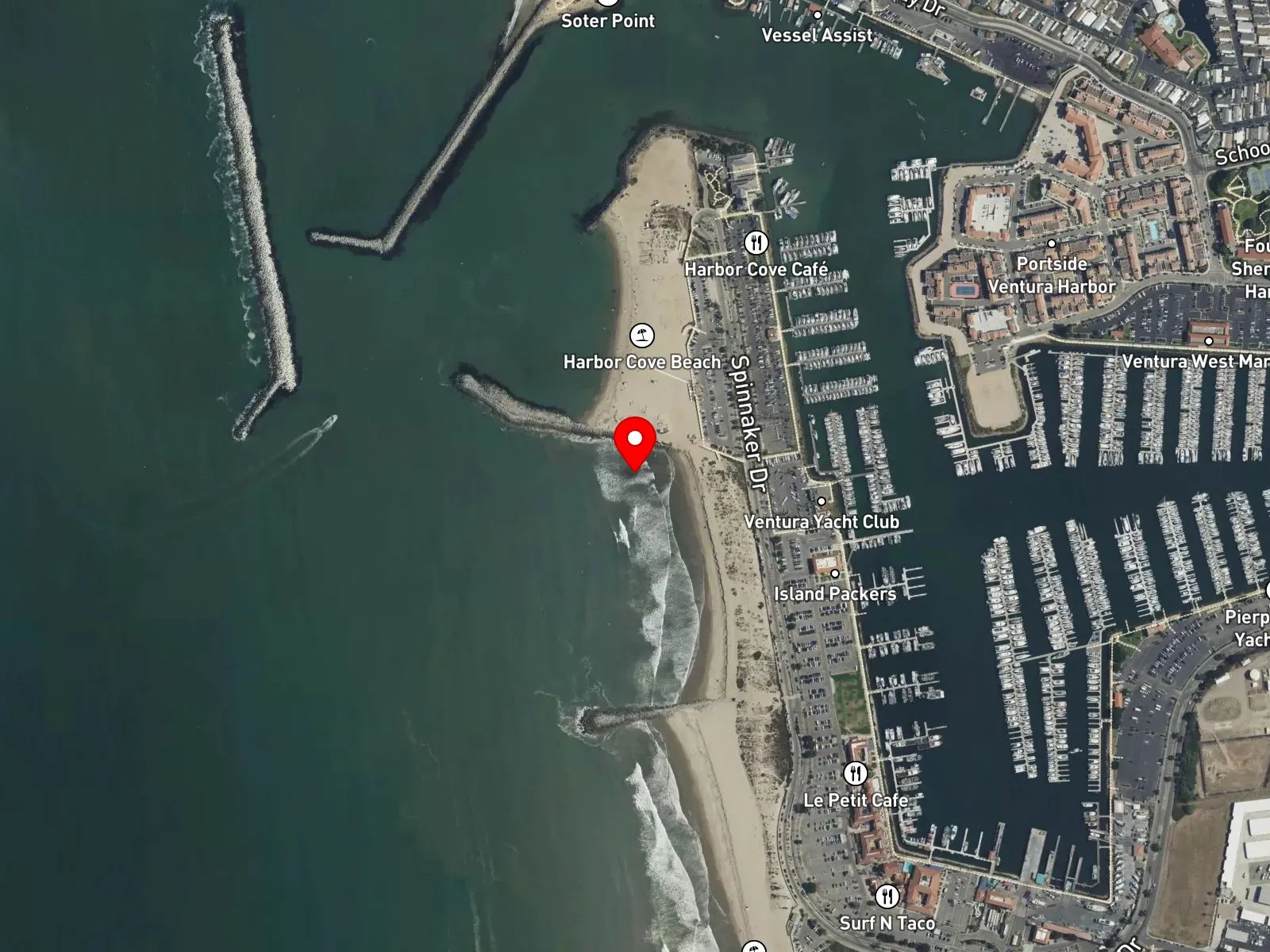 Map of Harbor Cove Beach showing the Ventura Harbor jetties and breakwater