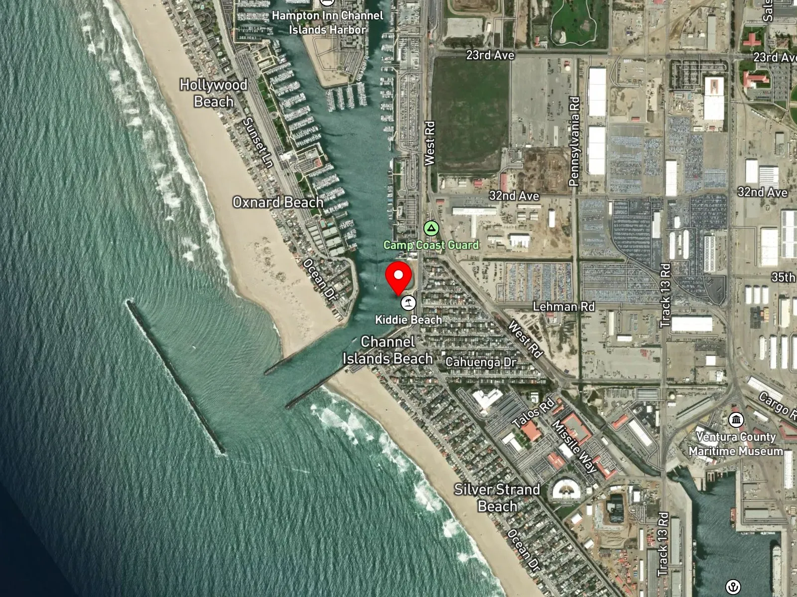Map of Hollywood Beach showing Ocean Drive and the Channel Islands Harbor north jetty