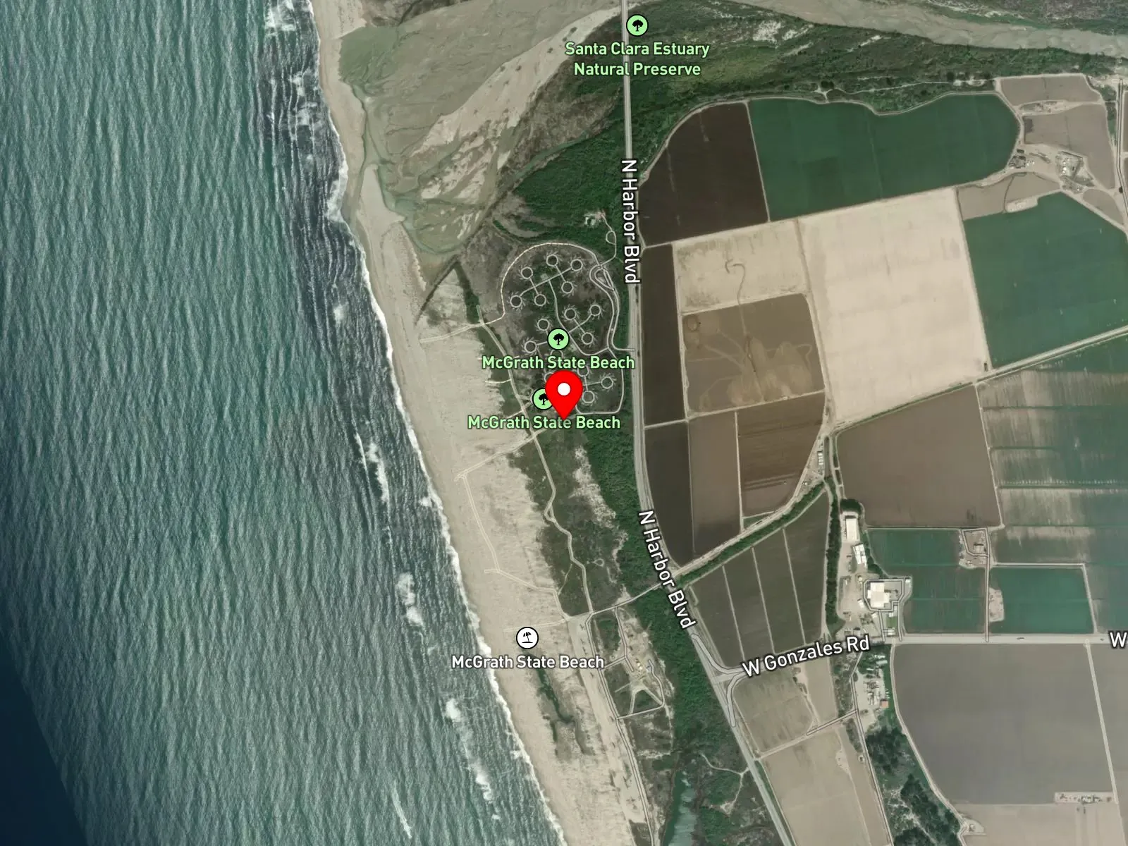 Map of McGrath State Beach showing the Santa Clara River mouth, dunes, and McGrath Lake