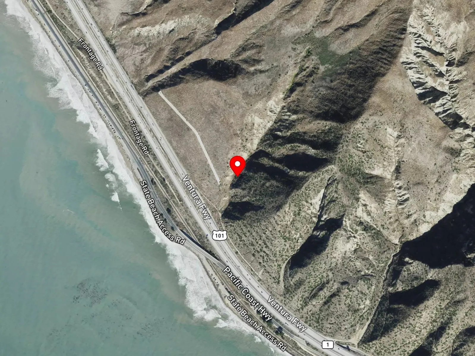 Map of Mondos Beach between Solimar and Faria with shoulder parking on PCH