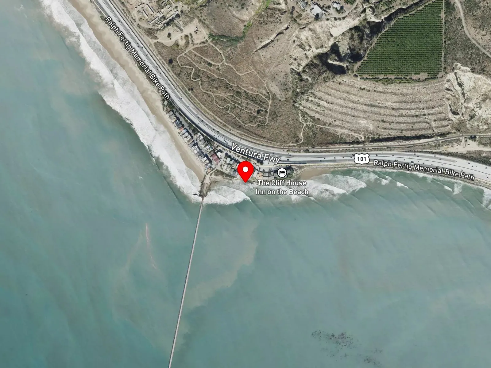Map of Mussel Shoals Beach showing the neighborhood, Richfield Pier, and Rincon Island offshore